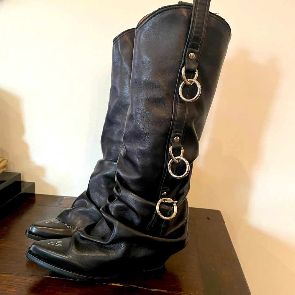 R13 Black Leather Cowboy boots triple harness size 37